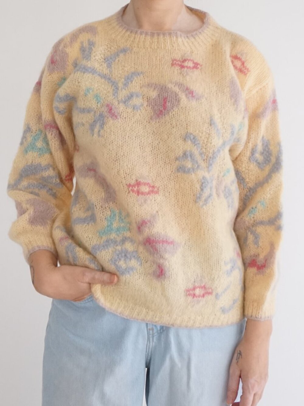 Vintage Jennifer Reed Yellow Floral Hand Knit Fuzzy Wool Cottage Garden SweaterS